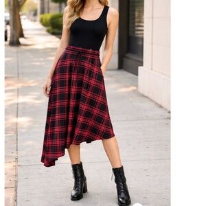 Alice + Olivia Natalina Plaid Black/Red Asymmetrical Midi Skirt Wool Blend 2